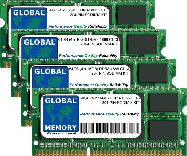 64GB (4 x 16GB) DDR3 1866MHz PC3-14900 204-PIN SODIMM MEMORY RAM KIT FOR ADVENT LAPTOPS/NOTEBOOKS